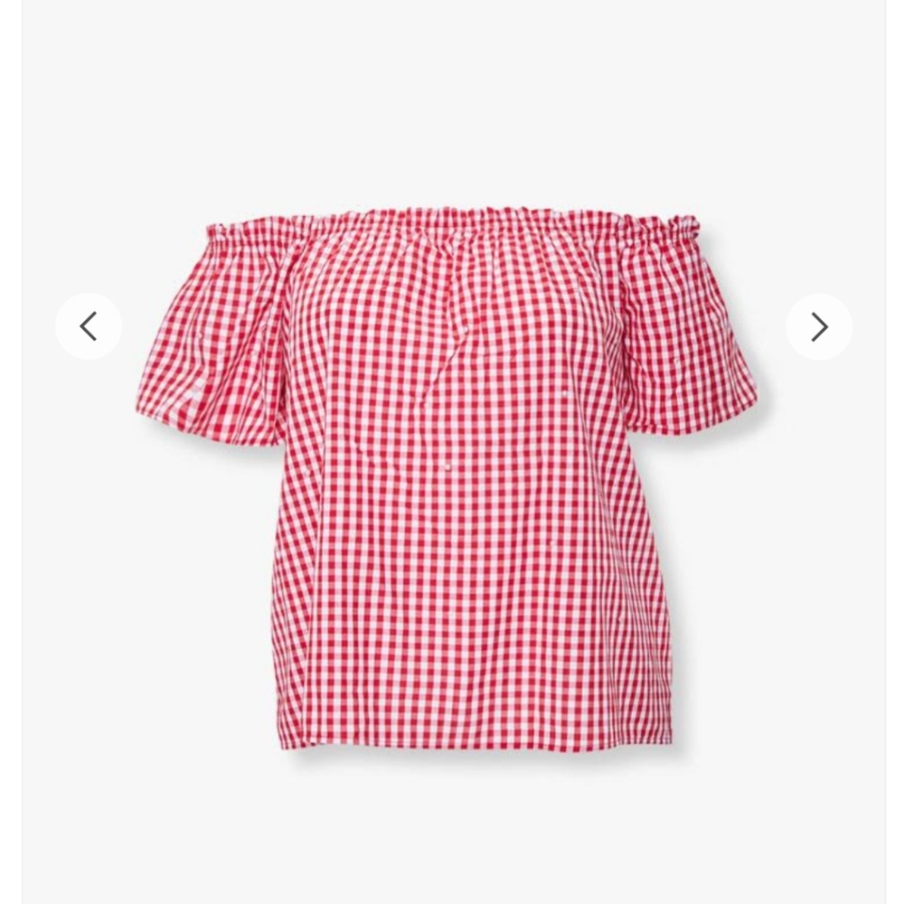 Gingham Red White Sexy Off the Shoulder Top with Pearl Accent Beading 1X